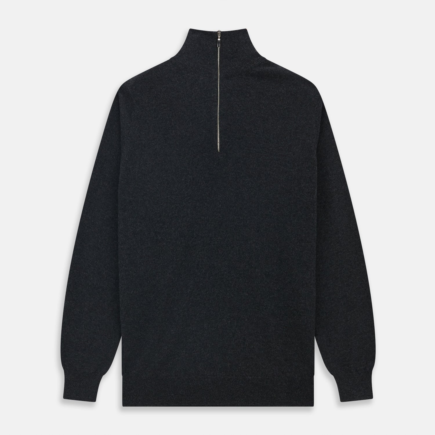 View 1 of product The Turnbull & Asser Charcoal Half-Zip Cashmere Jumper features long sleeves, a high collar, and a zip closure from the collar down the chest. Displayed flat with sleeves extended, it is crafted in dark charcoal grey cashmere.