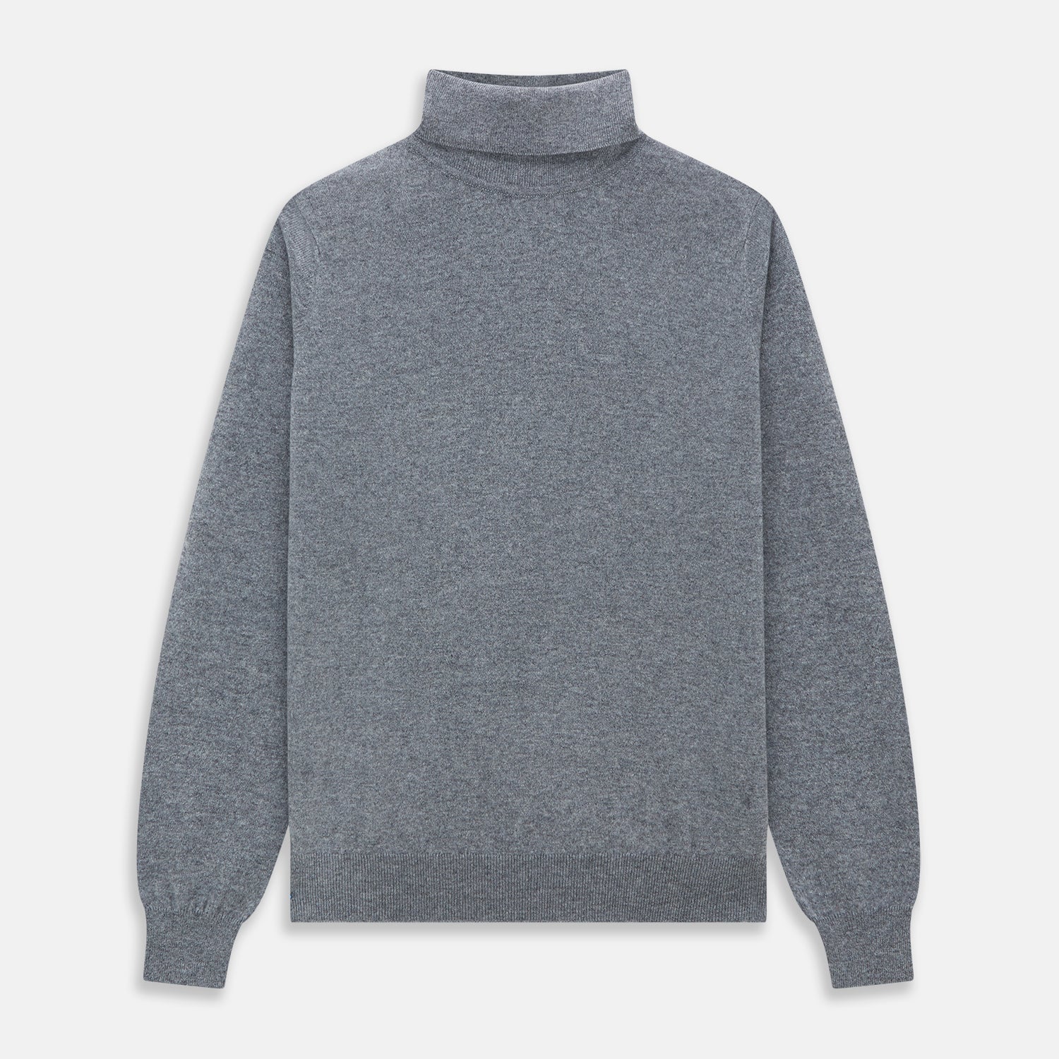 View 1 of product The Turnbull & Asser Kylian Flannel Grey Roll Neck Jumper features long sleeves, ribbed cuffs and hem—ideal for autumn layering. Laid flat on a white background.