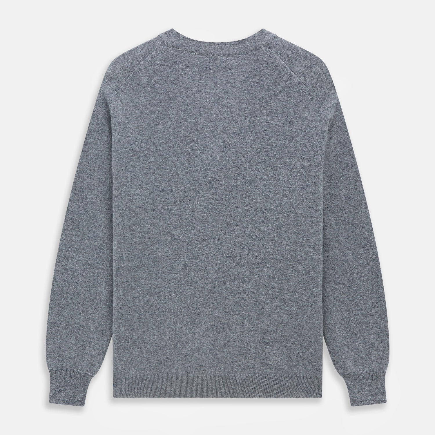 View 4 of product The Louis Flannel Grey Cashmere Cardigan by Turnbull & Asser features long sleeves, a V-neck, black front buttons, and two front pockets, making it ideal for transitional seasons. Shown laid flat on a white background.