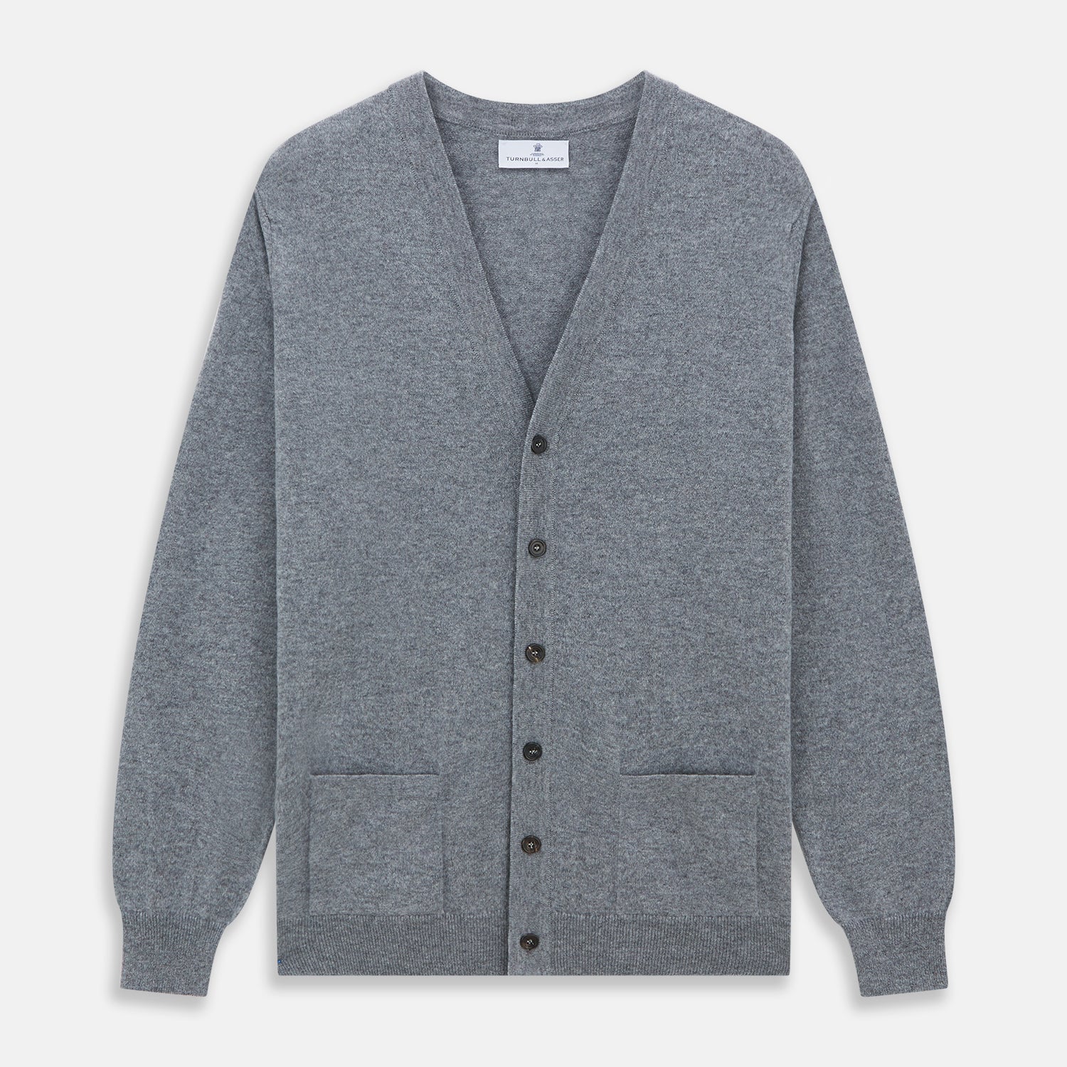 View 1 of product The Louis Flannel Grey Cashmere Cardigan by Turnbull & Asser features long sleeves, a V-neck, black front buttons, and two front pockets, making it ideal for transitional seasons. Shown laid flat on a white background.