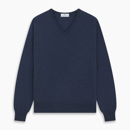Blue V-Neck Merino Wool Jumper Image 4