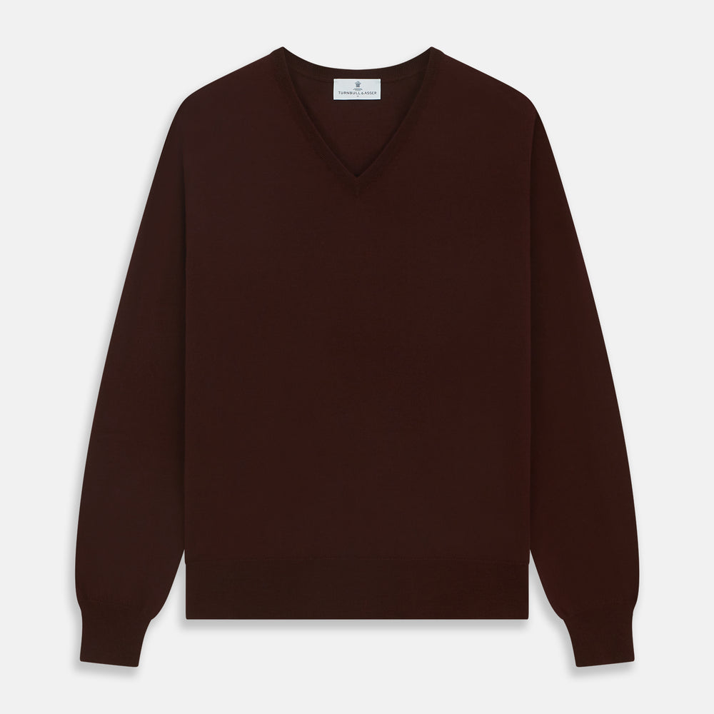 Wine V Neck Merino Wool Jumper Turnbull Asser