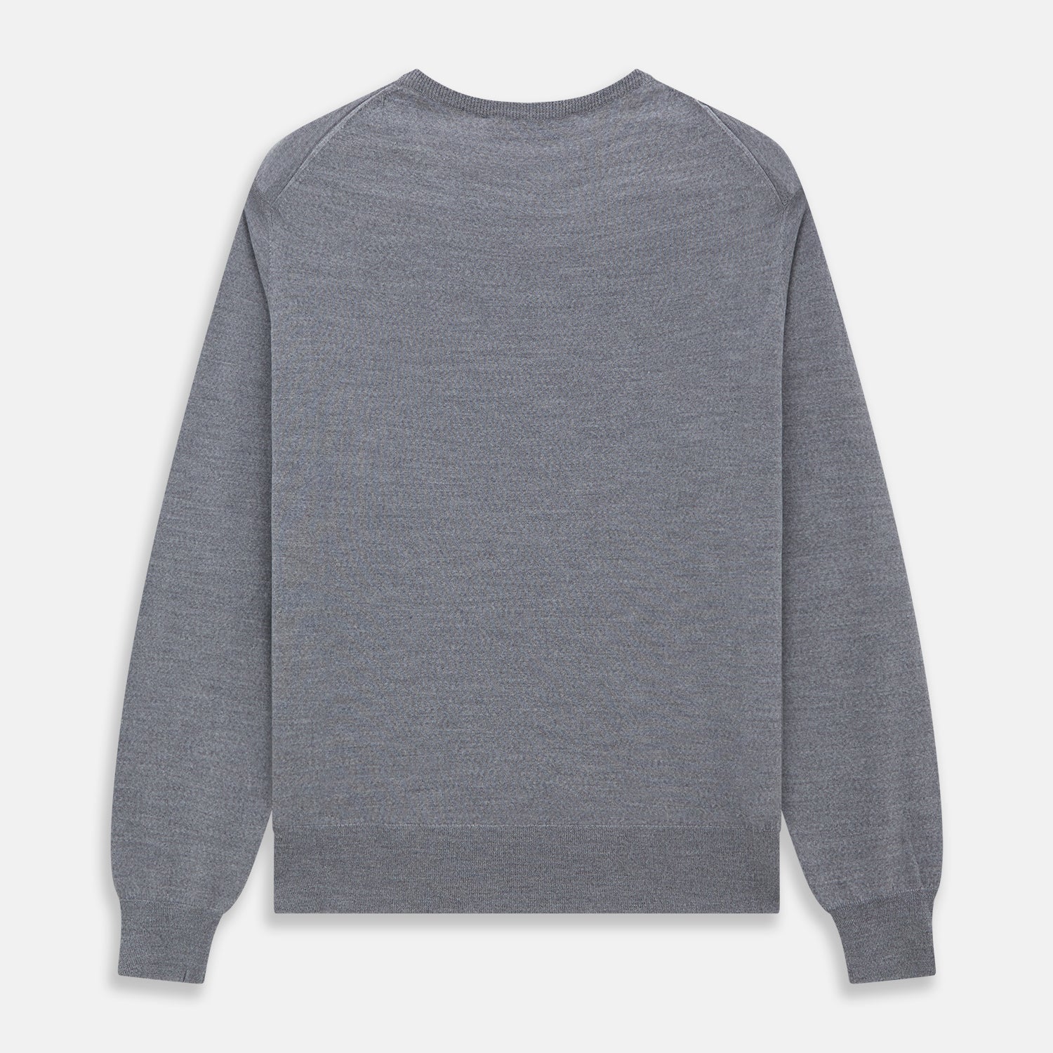 View 4 of product The Turnbull & Asser Grey Crew Neck Merino Wool Jumper, a timeless long-sleeved staple, is shown laid flat on a white background.