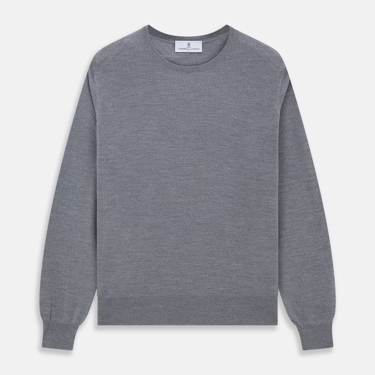 View 1 of product The Turnbull & Asser Grey Crew Neck Merino Wool Jumper, a timeless long-sleeved staple, is shown laid flat on a white background.
