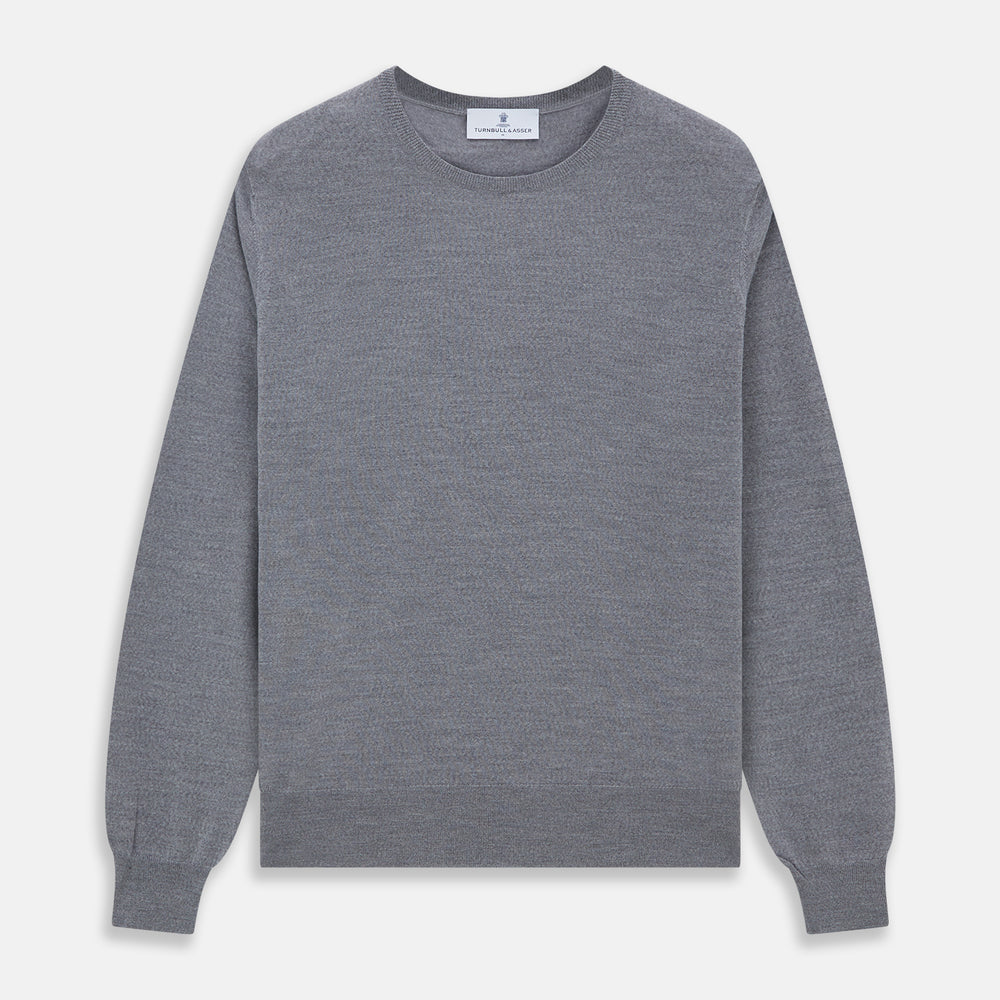 Grey Crew Neck Merino Wool Jumper Turnbull Asser