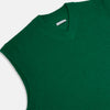 View 2 of product The Turnbull & Asser Hunter Green Fine Merino V-Neck Vest features a sleeveless design with ribbed edges, making it a stylish sweater vest for any gentleman. Shown against a plain white background.