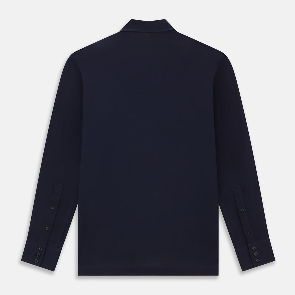 The Turnbull & Asser Navy Pique Shirt is a long-sleeved, dark navy button-up with a left chest pocket, classic collar, and buttoned cuffs, shown laid flat on a white background.