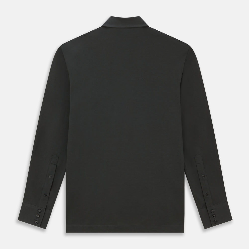 The Moss Green Pique Shirt by Turnbull & Asser, featuring long sleeves, a button-up front, collar, and single chest pocket, is laid flat on a white background for a refined take on classic style.