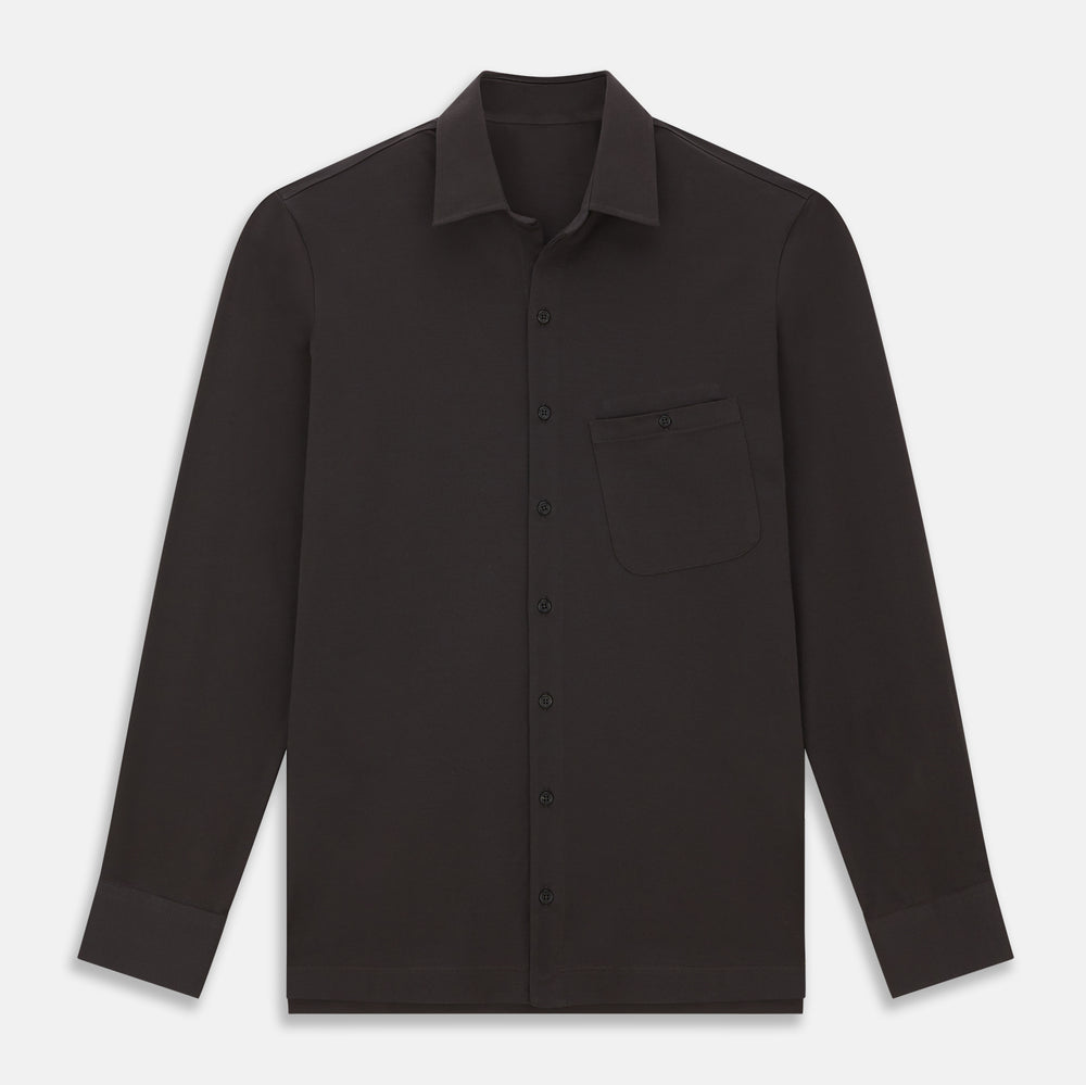 A Brown Pique Shirt by Turnbull & Asser, featuring long sleeves, a collar, and a single chest pocket, is laid flat on a white background.