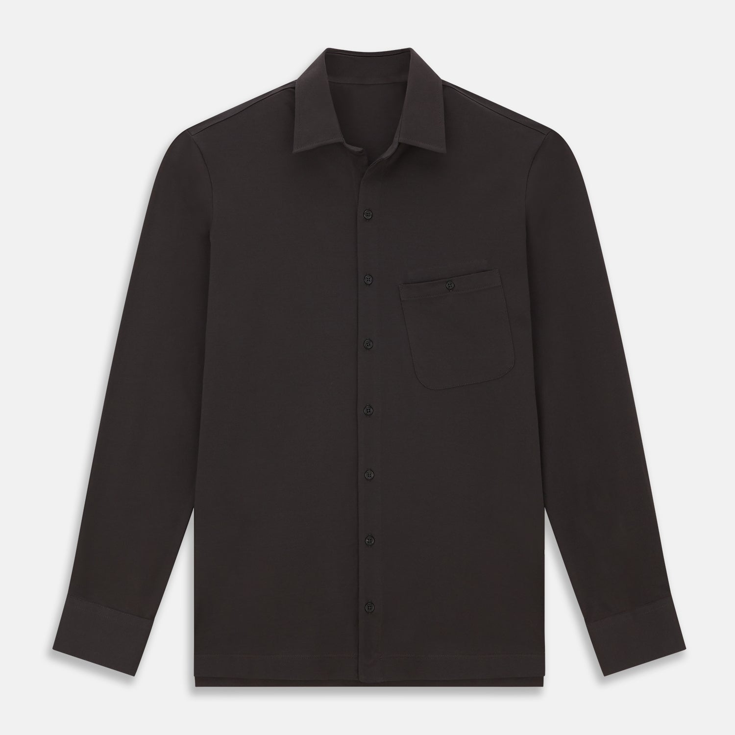 View 1 of product A Brown Pique Shirt by Turnbull & Asser, featuring long sleeves, a collar, and a single chest pocket, is laid flat on a white background.