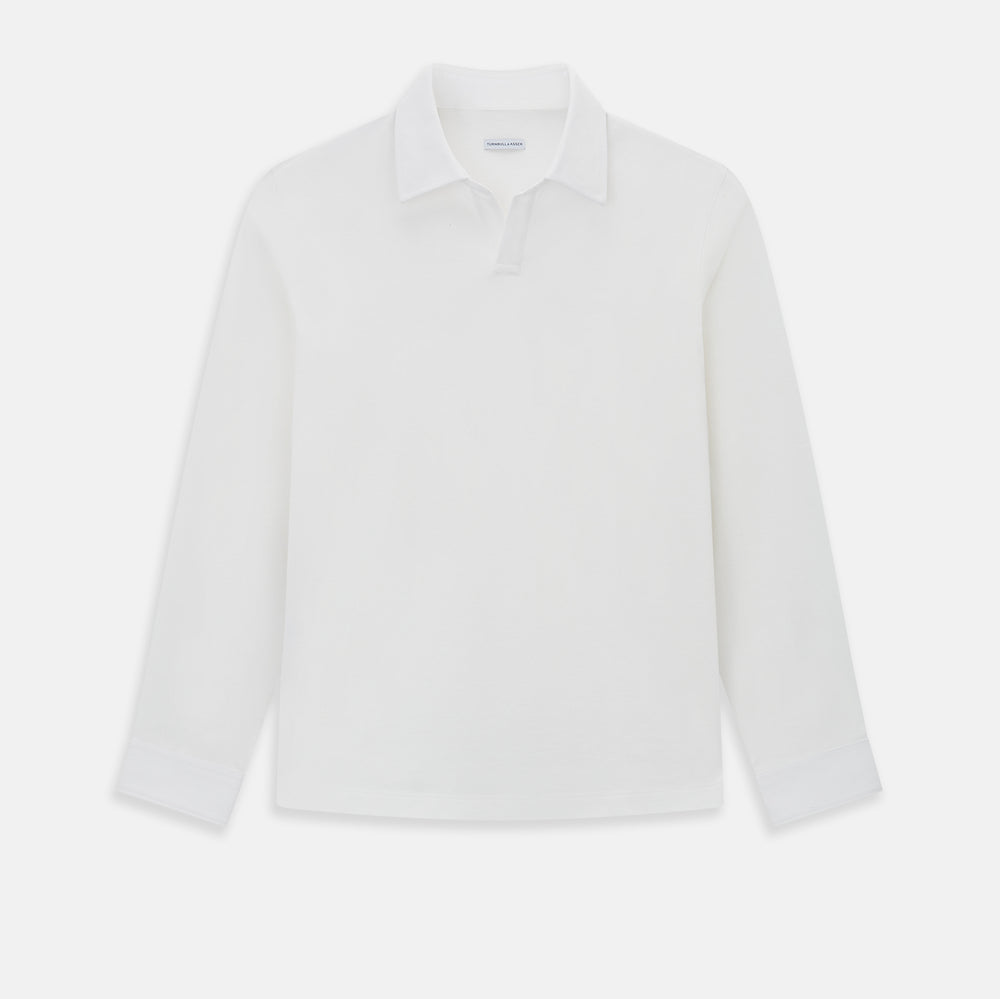 A Cream Rugby Polo Shirt in Cotton by Turnbull & Asser UK, featuring long sleeves, a collar, and a partial button placket, is displayed on a white background.