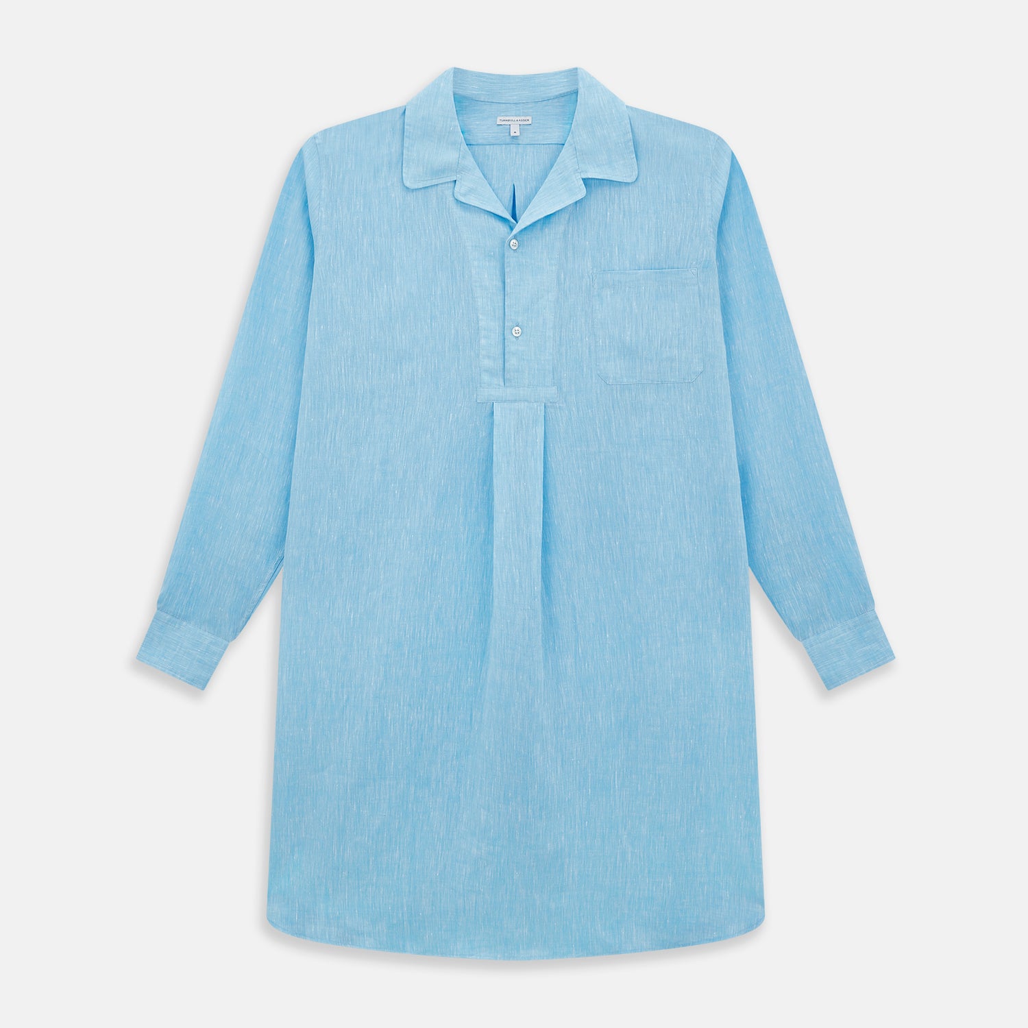 View 1 of product The QUARZO NIGHTSHIRT TURQUOISE LINEN by Turnbull & Asser is a relaxed-fit, long-sleeve collared nightshirt in soft turquoise linen, featuring a chest pocket and button placket, shown laid flat on a white background.