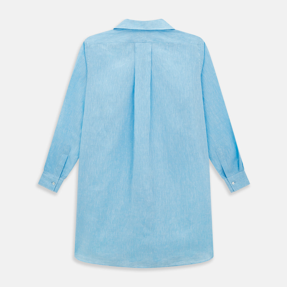 The QUARZO NIGHTSHIRT TURQUOISE LINEN by Turnbull & Asser is a relaxed-fit, long-sleeve collared nightshirt in soft turquoise linen, featuring a chest pocket and button placket, shown laid flat on a white background.