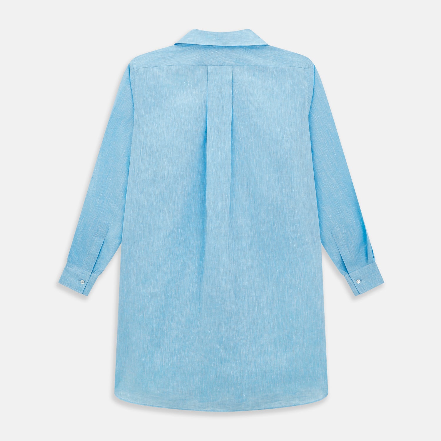 View 3 of product The QUARZO NIGHTSHIRT TURQUOISE LINEN by Turnbull & Asser is a relaxed-fit, long-sleeve collared nightshirt in soft turquoise linen, featuring a chest pocket and button placket, shown laid flat on a white background.