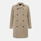 The Sand Long Albert Trench Coat by Turnbull & Asser UK features a double-breasted design, dark buttons, notched collar, and two slanted front pockets, offering timeless British style. Shown against a plain white background.