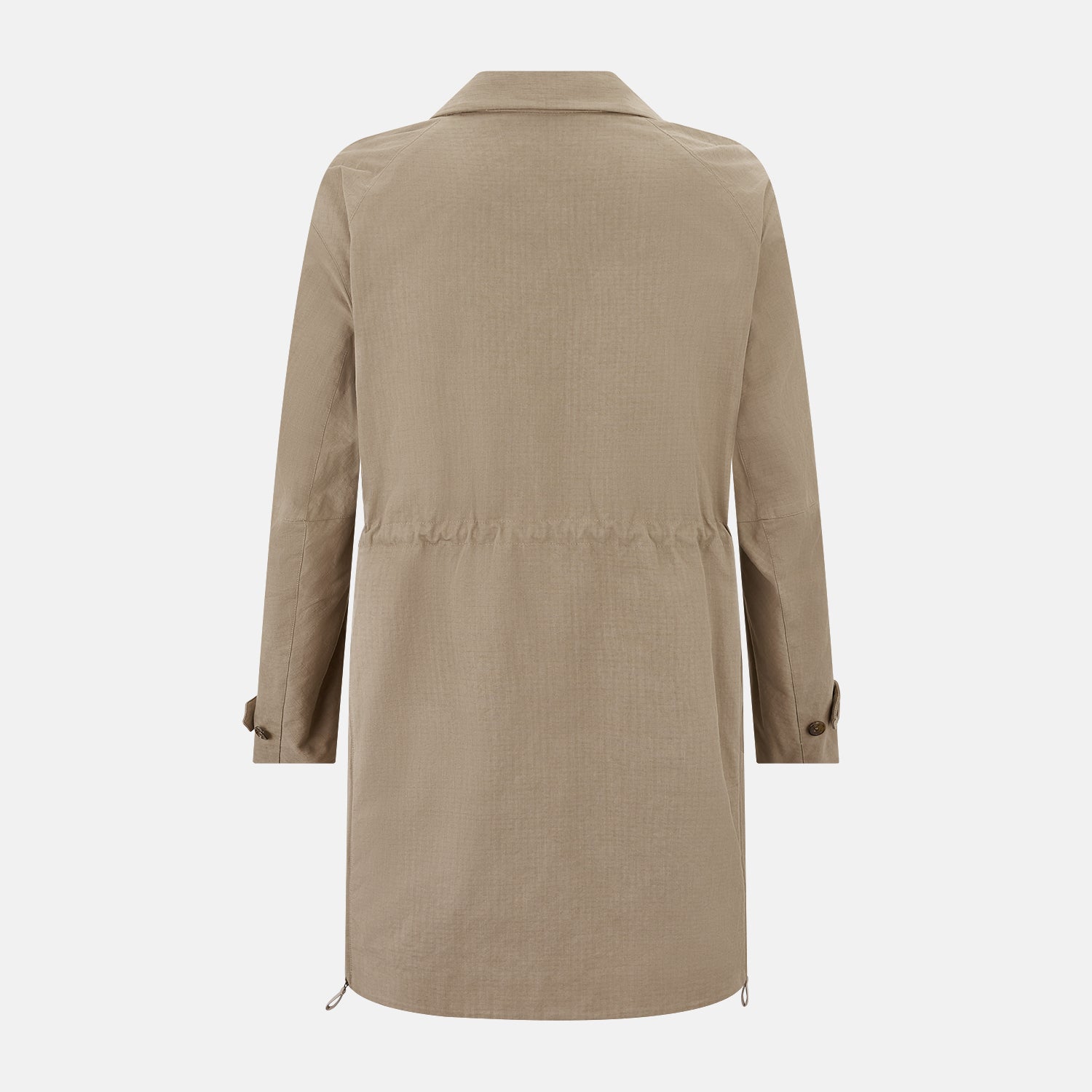 View 3 of product The Sand Long Albert Trench Coat by Turnbull & Asser UK features a double-breasted design, dark buttons, notched collar, and two slanted front pockets, offering timeless British style. Shown against a plain white background.
