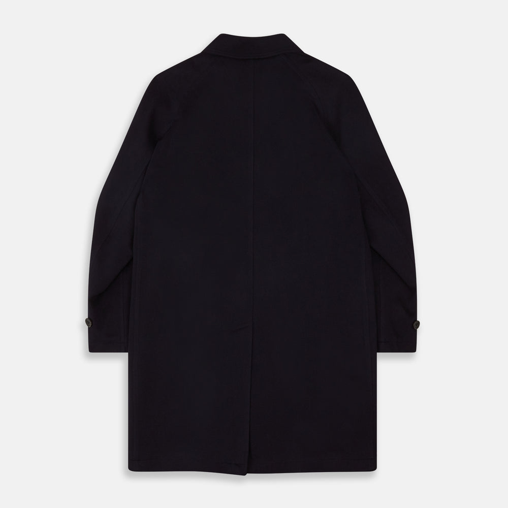 The Turnbull & Asser Dark Navy Cashmere Storm System Smith Coat, featuring a classic collar, buttoned front, side pockets, and buttoned cuffs, is shown laid flat on a white background.