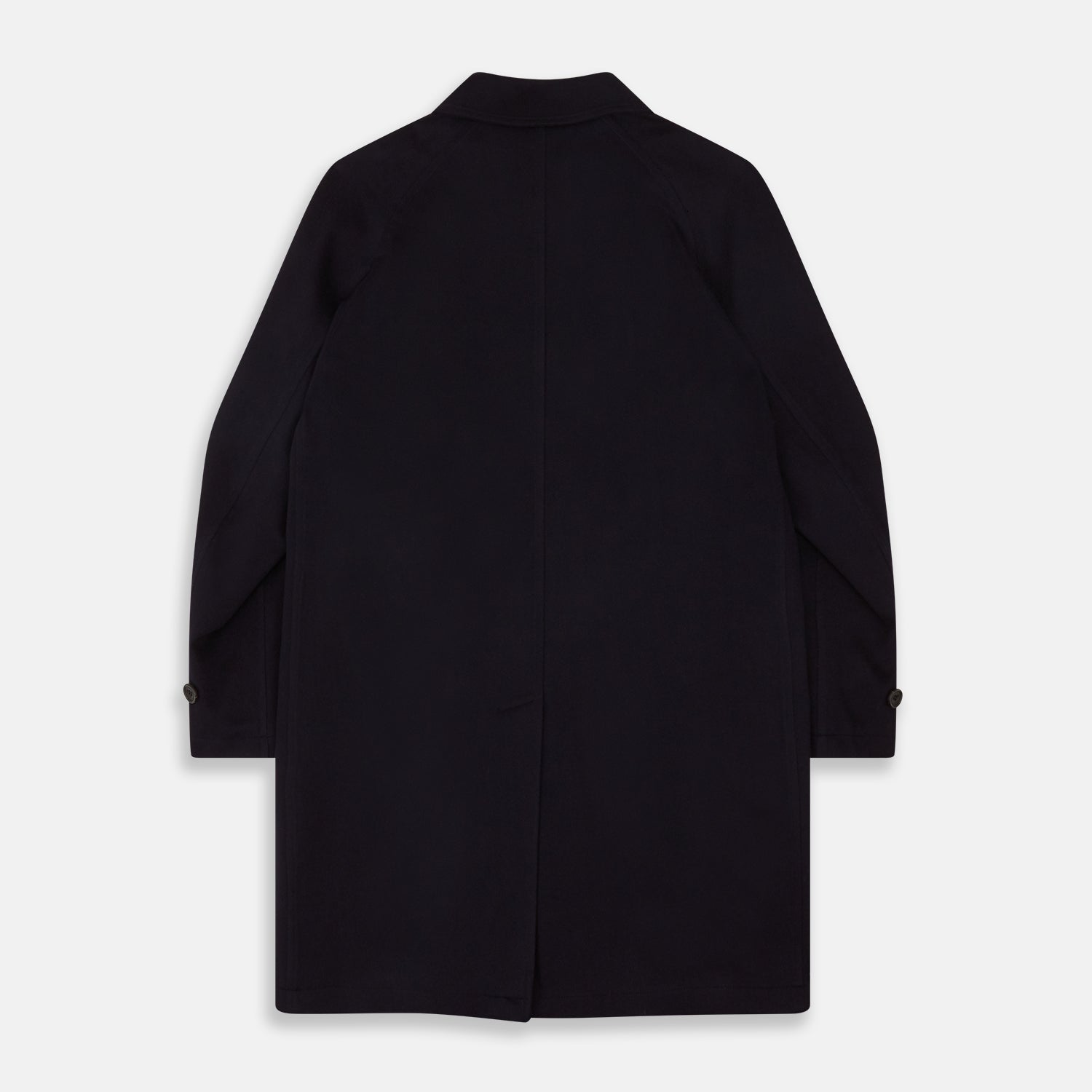 View 4 of product The Turnbull & Asser Dark Navy Cashmere Storm System Smith Coat, featuring a classic collar, buttoned front, side pockets, and buttoned cuffs, is shown laid flat on a white background.