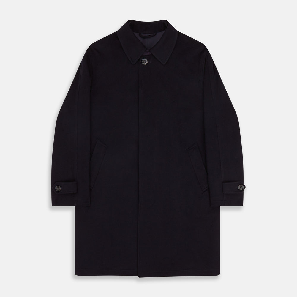 The Turnbull & Asser Dark Navy Cashmere Storm System Smith Coat, featuring a classic collar, buttoned front, side pockets, and buttoned cuffs, is shown laid flat on a white background.