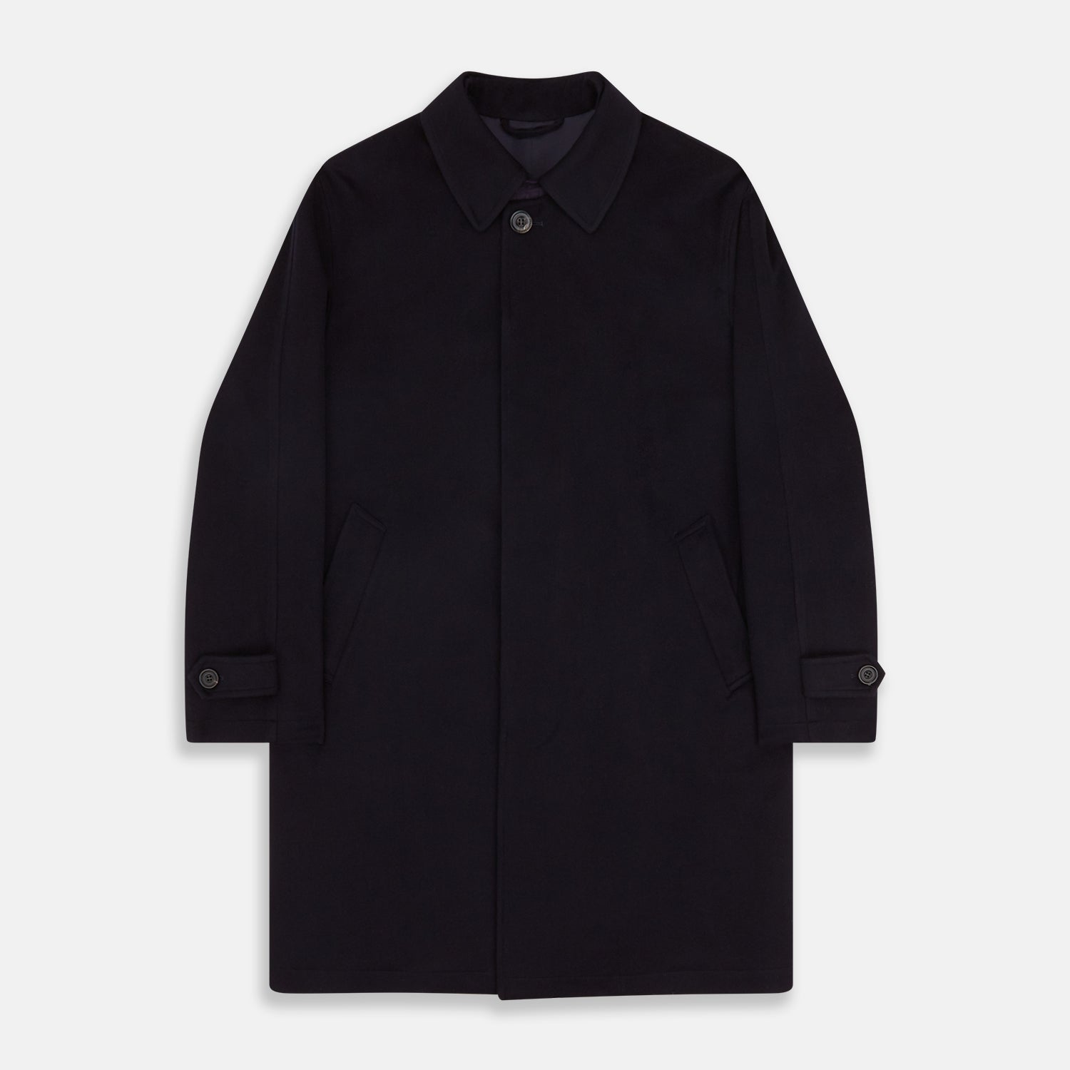 View 1 of product The Turnbull & Asser Dark Navy Cashmere Storm System Smith Coat, featuring a classic collar, buttoned front, side pockets, and buttoned cuffs, is shown laid flat on a white background.