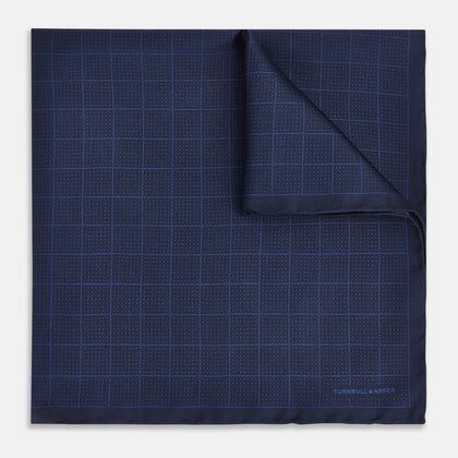 Checked Blue On Navy Pocket Square in Silk