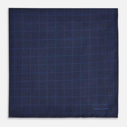 Checked Blue On Navy Pocket Square in Silk Image 2