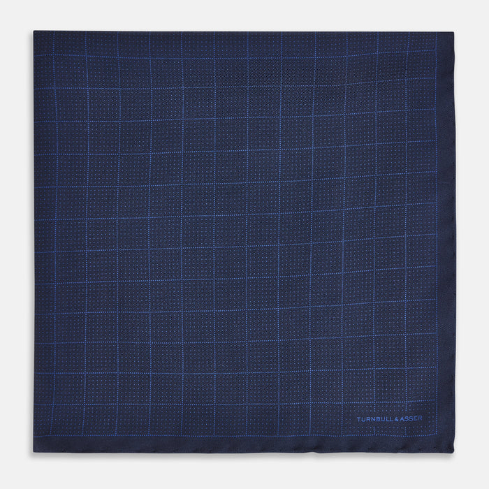 Checked Blue On Navy Pocket Square in Silk Image 2