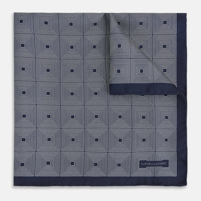 Geometric Blue Pocket Square in Silk