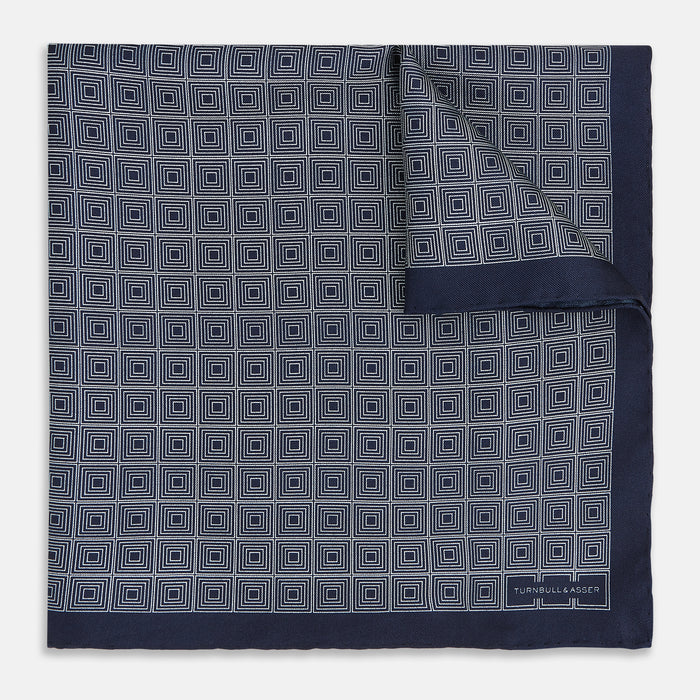 Geometric Navy Pocket Square in Silk