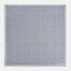 View 4 of product Geometric silver pocket square in silk by Turnbull & Asser UK, featuring a striking pattern of dark blue concentric squares. One corner of the fabric is folded to reveal the reverse side, with the brand name Turnbull & Asser UK printed elegantly in one corner.