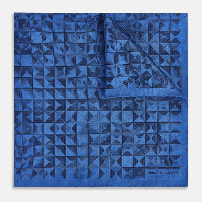 Geometric Blue Pocket Square in Silk