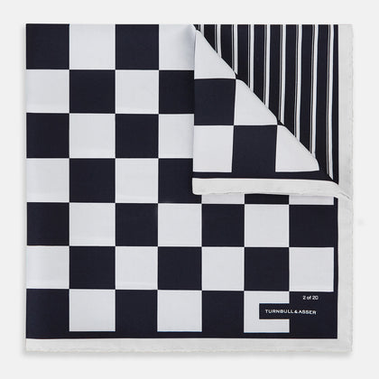 Chequered Navy on White Frame Pocket Square in Silk Image 4