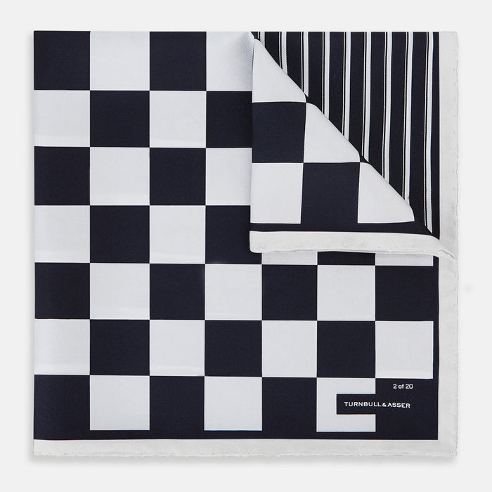 Chequered Navy on White Frame Pocket Square in Silk Image 4