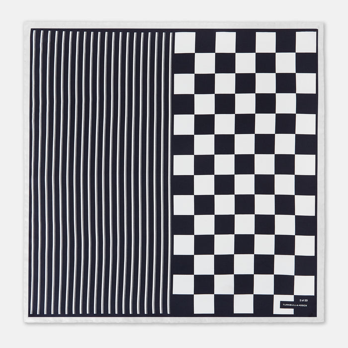 Chequered Navy on White Frame Pocket Square in Silk Image 2