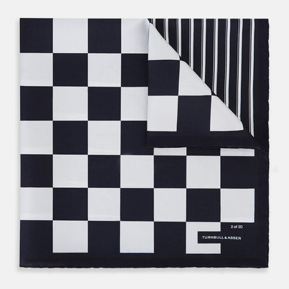 Chequered Navy on Navy Frame Pocket Square in Silk Image 4
