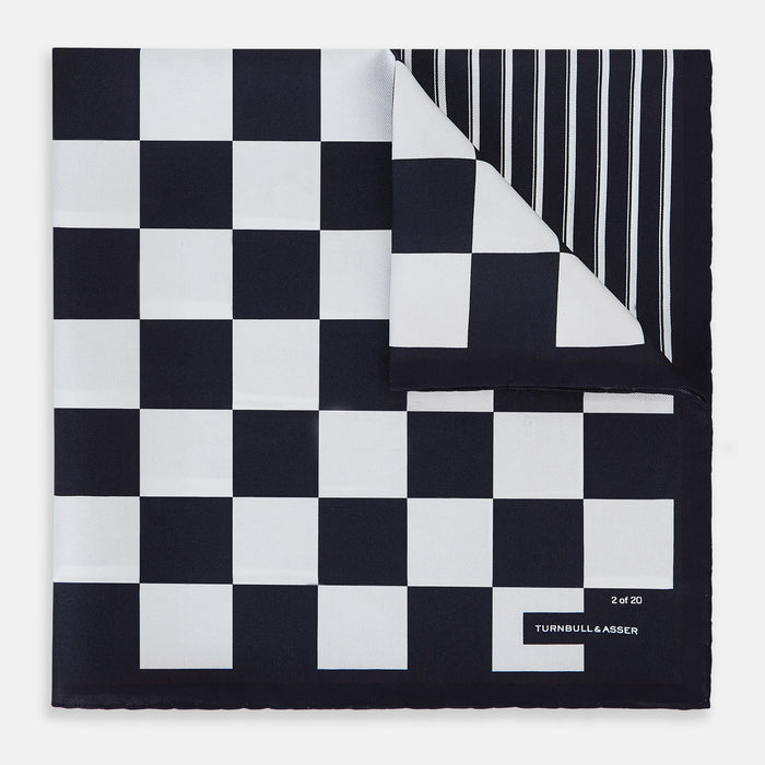 Chequered Navy on Navy Frame Pocket Square in Silk