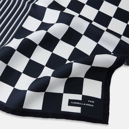 Chequered Navy on Navy Frame Pocket Square in Silk Image 1