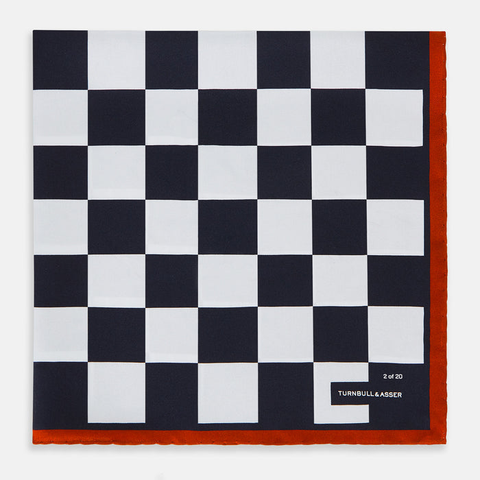 Chequered Navy on Red Frame Pocket Square in Silk Image 2