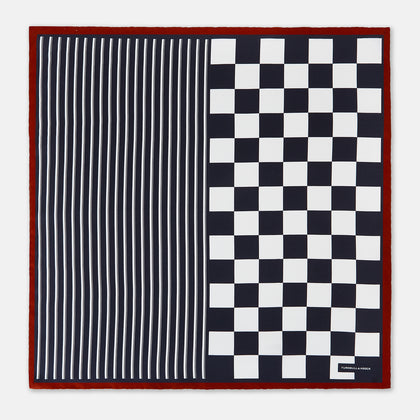 Chequered Navy on Red Frame Pocket Square in Silk Image 2