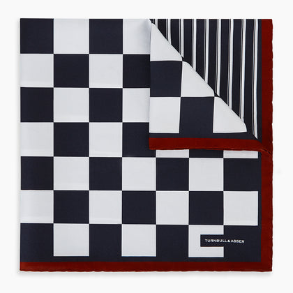 Chequered Navy on Red Frame Pocket Square in Silk Image 3