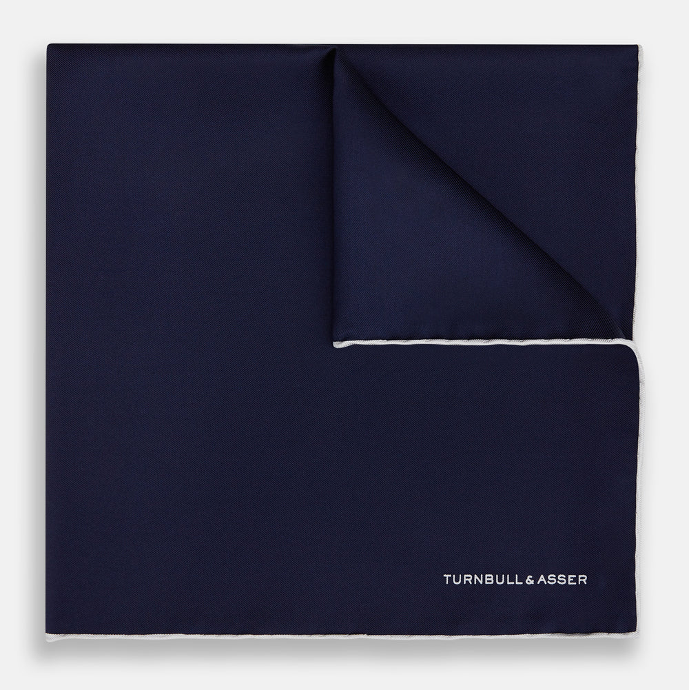 Navy Piped Silk Pocket Square