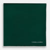 View 3 of product The FOREST GREEN AND ECRU PIPED SILK POCKET SQUARE by Turnbull & Asser features forest green silk with ecru piping, neatly folded to display both sides, and the brand name printed in white in the lower right corner—ideal for formal attire.
