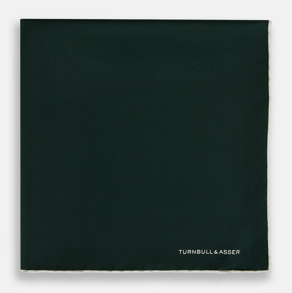 DARK GREEN AND ECRU PIPED SILK POCKET SQUARE