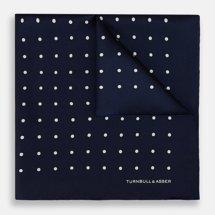 Navy and White Spot Silk Pocket Square