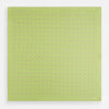 View 4 of product The Turnbull & Asser Melon Green and Lilac Spot Silk Pocket Square features evenly spaced lilac dots and the brand's name in one corner—a refined accessory for formal attire.