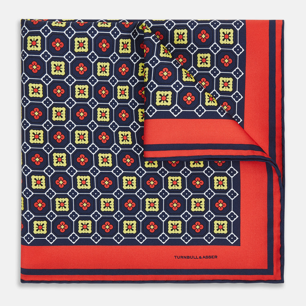 Dark Navy Floral Tile Silk Pocket Square OS