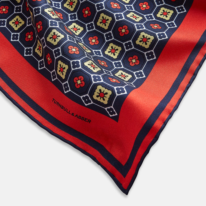 Dark Navy Floral Tile Silk Pocket Square Image 1