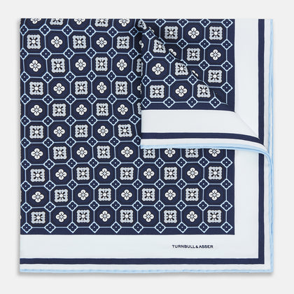 Navy Floral Tile Silk Pocket Square