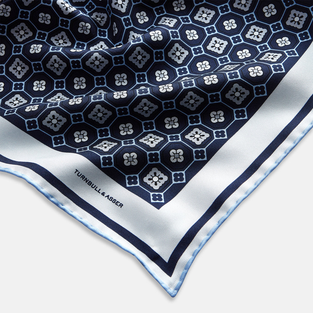 Navy Floral Tile Silk Pocket Square OS