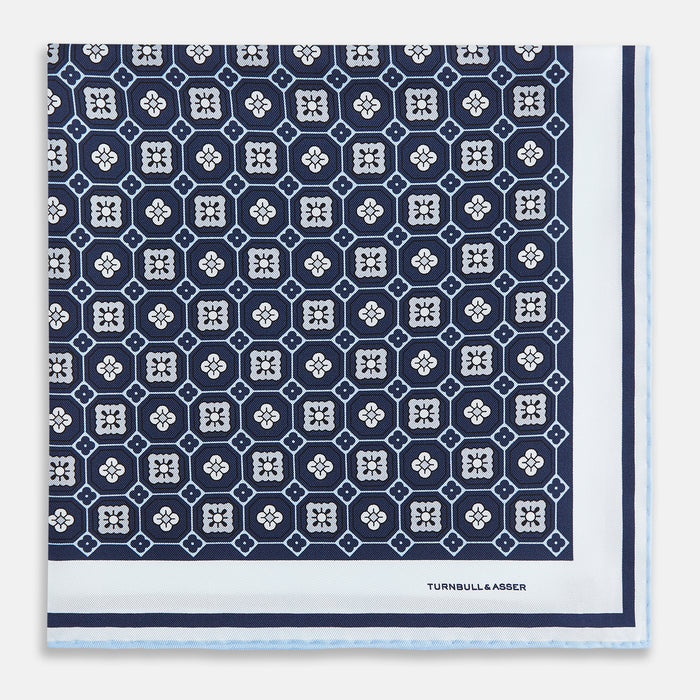 Navy Floral Tile Silk Pocket Square Image 2